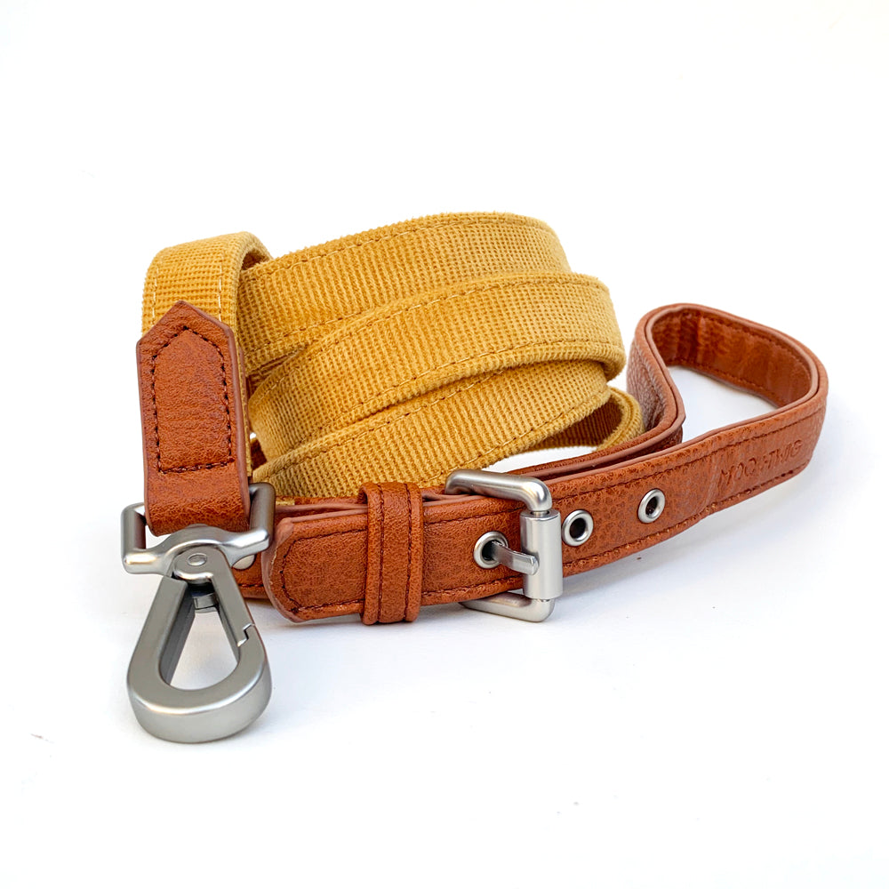 Corduroy & Vegan Leather Dog Leash - Mustard Yellow