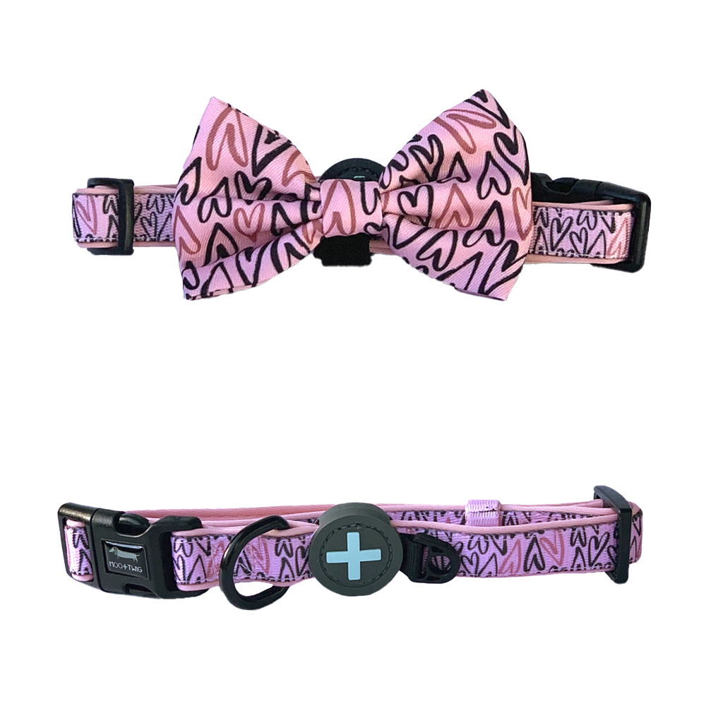 Pink Dog Collar with Bow Tie with love heart pattern designed in Australia with removable bow tie. Suitable dog collar for small to medium sized dogs.