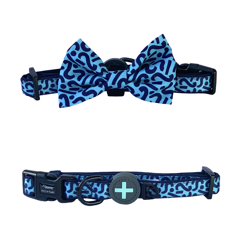 Blue Dog Collar with Bow Tie and Scribbles Lines and Squiggles designed in Australia with removable bow tie. Suitable dog collar for small to medium sized dogs.