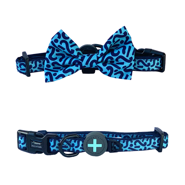 Blue Dog Collar with Bow Tie and Scribbles Lines and Squiggles designed in Australia with removable bow tie. Suitable dog collar for small to medium sized dogs.