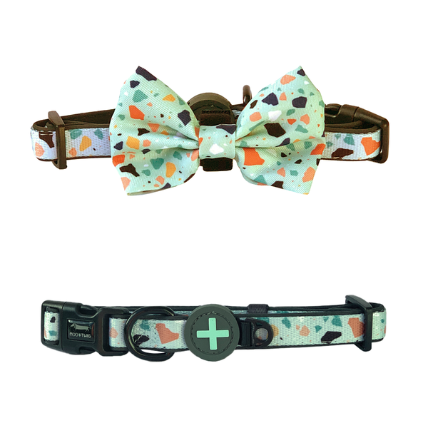 Mint green Dog Collar with Bow Tie and terrazzo designed in Australia with removable bow tie. Suitable dog collar for small to medium sized dogs.