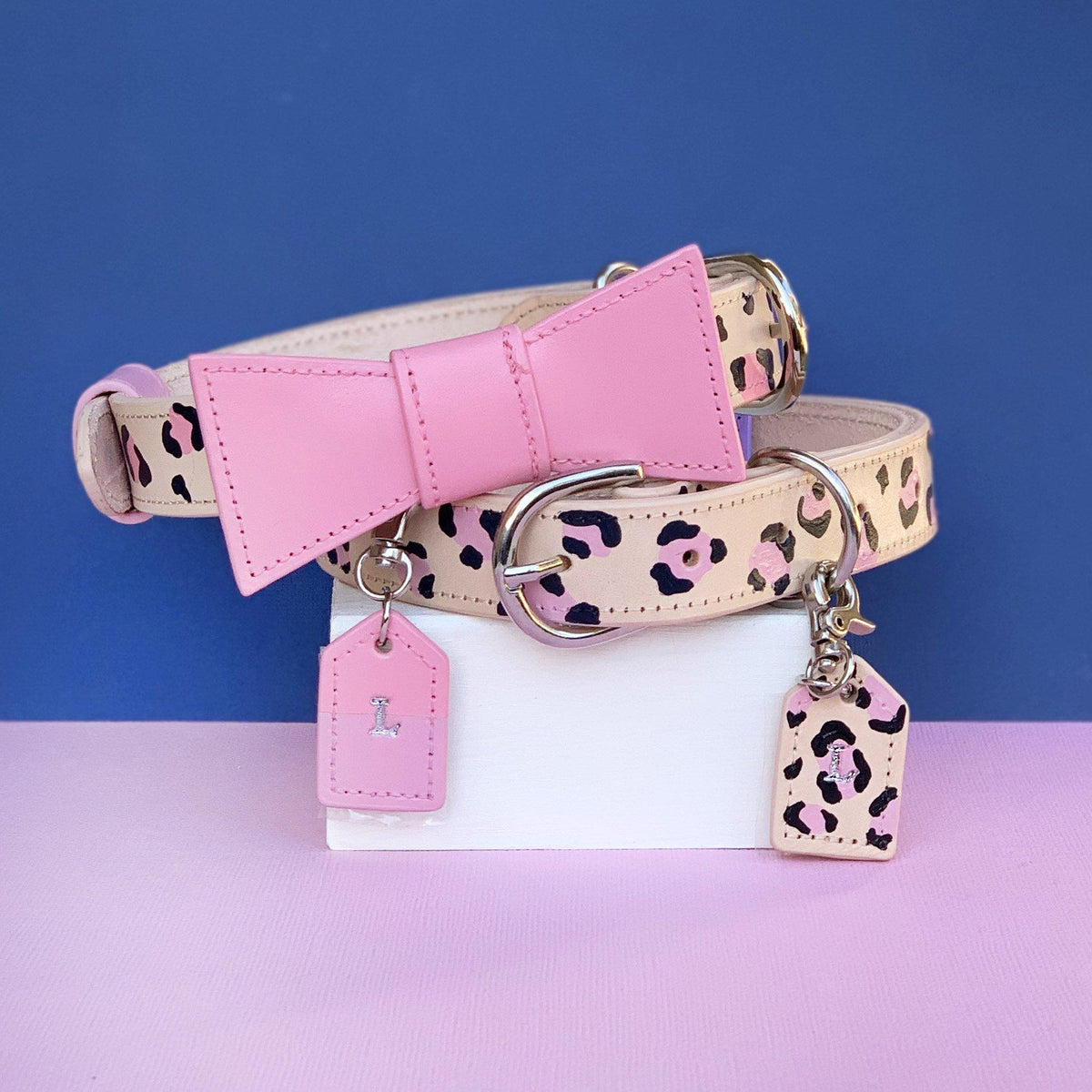 Pink Leopard Print Dog Collar hand painted in Australia with bow tie and monogram dog tag