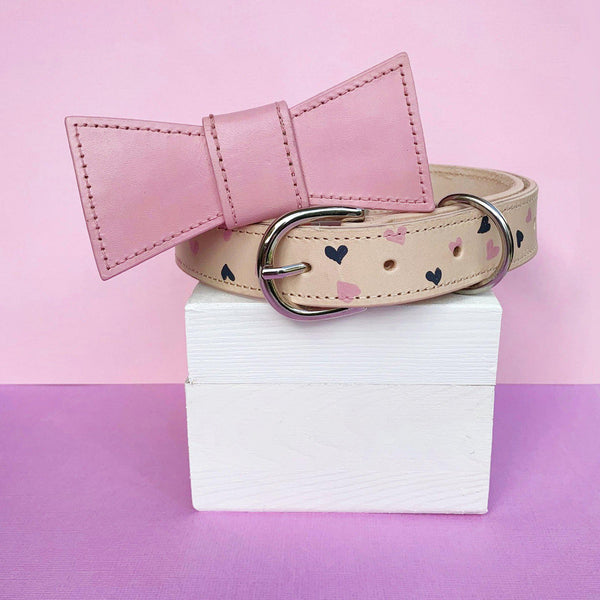 Pink Custom Hearts Leather Dog Collar with Bow Tie made in Australia