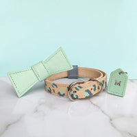 Mint Green Leopard Print Leather Dog Collar - Custom Leather Dog Collar - Leopard Print Dog Collar with removable bow tie and monogram tag - Custom Dog Collar Australia - Bespoke Leather Dog Collar