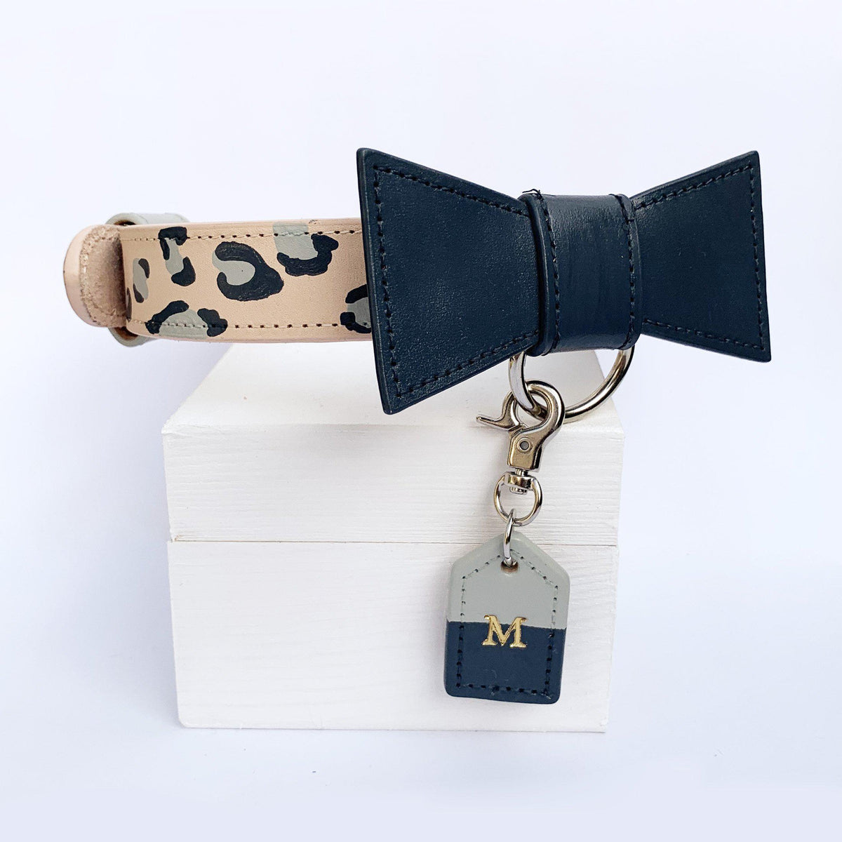 Grey Leopard Print Dog Collar hand painted in Australia with bow tie and monogram dog tag