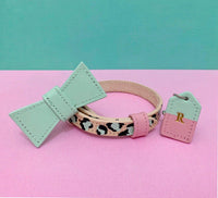 Pink and Mint Leopard Print Leather Dog Collar - Custom Leather Dog Collar - Leopard Print Dog Collar with removable bow tie and monogram tag