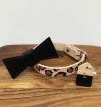 Leopard Print Leather Dog Collar - Custom Leather Dog Collar - Leopard Print Dog Collar with removable bow tie and monogram tag - Custom Dog Collar Australia - Bespoke Leather Dog Collar
