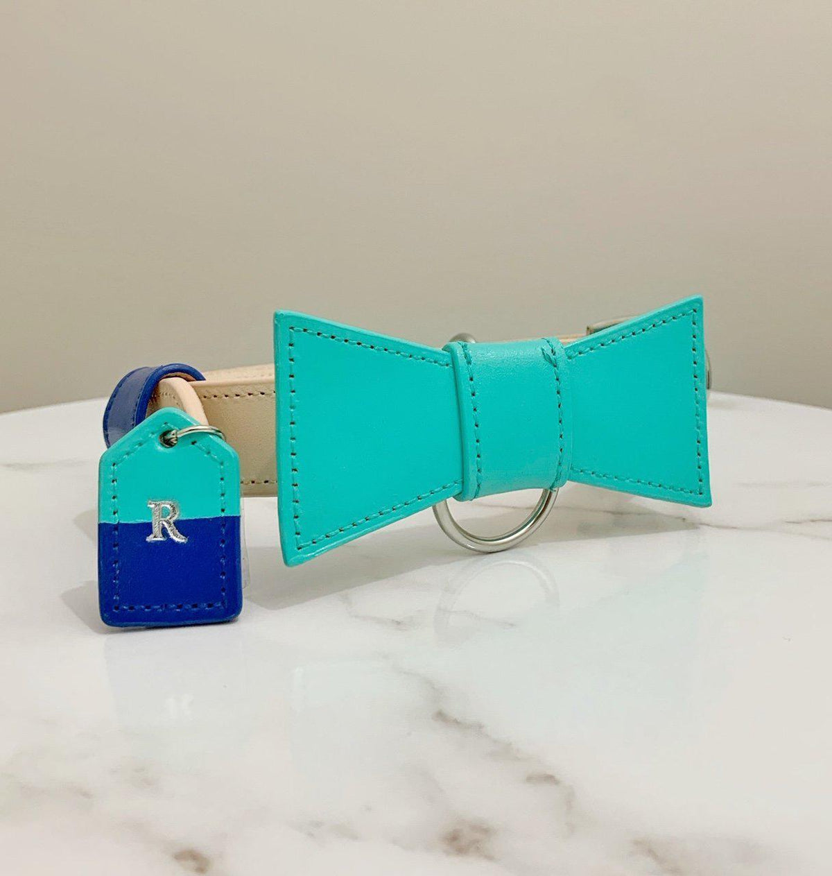 Turquoise and Blue Custom Leather Dog Collar with Bow Tie and Monogram - Bespoke Leather Dog Collar Made in Australia with Dog Tag