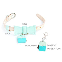 Mint Green Custom Leather Dog Collar with Bow Tie and Monogram - Bespoke Leather Dog Collar Made in Australia with Dog Tag