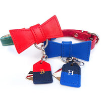 Red and Blue Christmas Custom Leather Dog Collar with Bow Tie and Monogram - Bespoke Leather Dog Collar Made in Australia