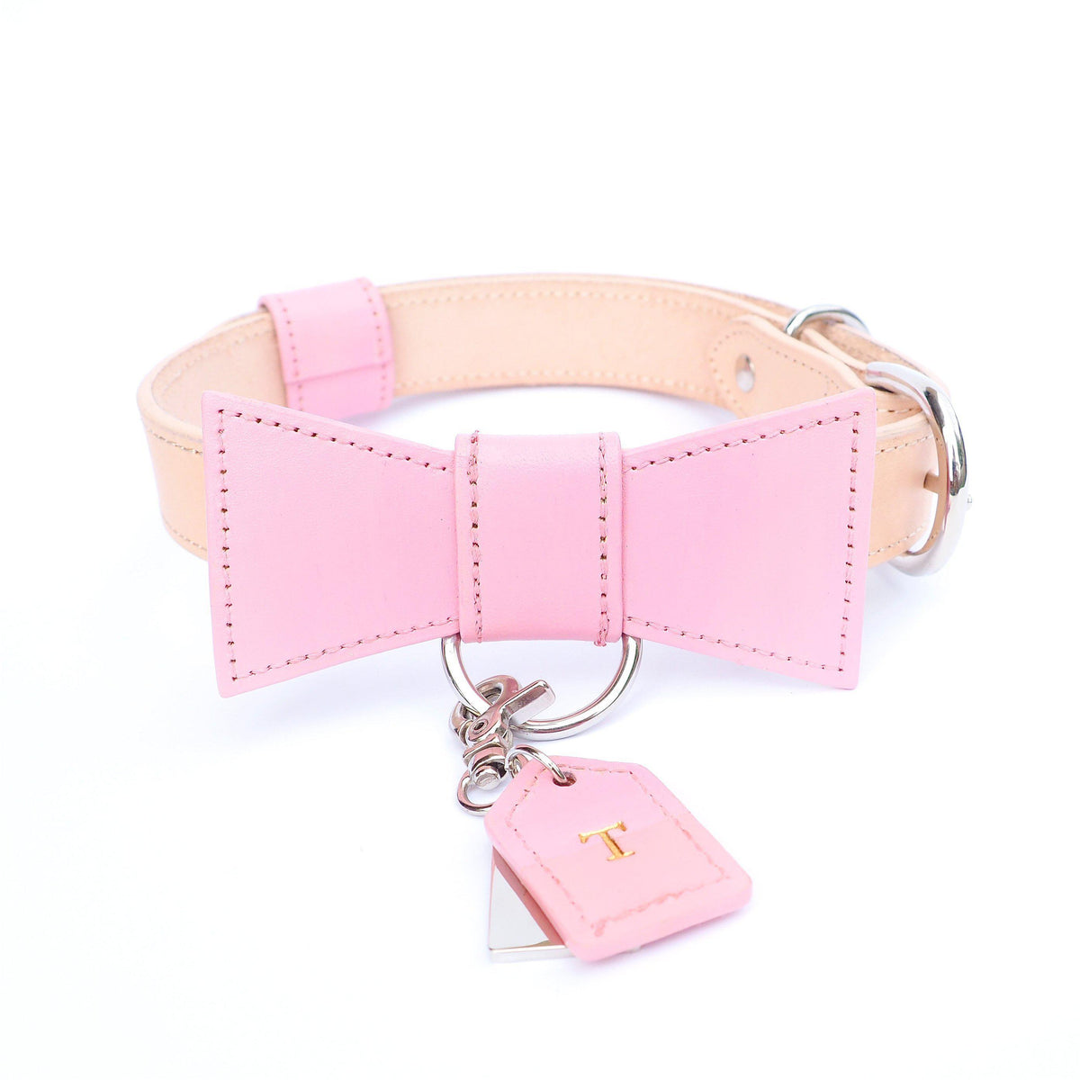 Baby Pink Custom Leather Dog Collar with Bow Tie and Monogram - Bespoke Leather Dog Collar Made in Australia