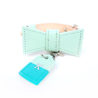 Mint Green and Turquoise Custom Leather Dog Collar with Bow Tie and Monogram - Bespoke Leather Dog Collar Made in Australia with Dog Tag