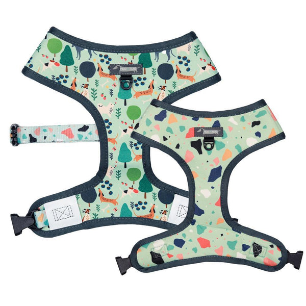 Green Reversible Dog Harness with Nature and Terazzo Print, Dog Harness Australia, Green Dog Harness for small and medium dogs