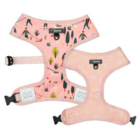 Pink Peach Reversible Dog Harness with dog walkers, people and daisy flower print designed in Australia, dog walking harness