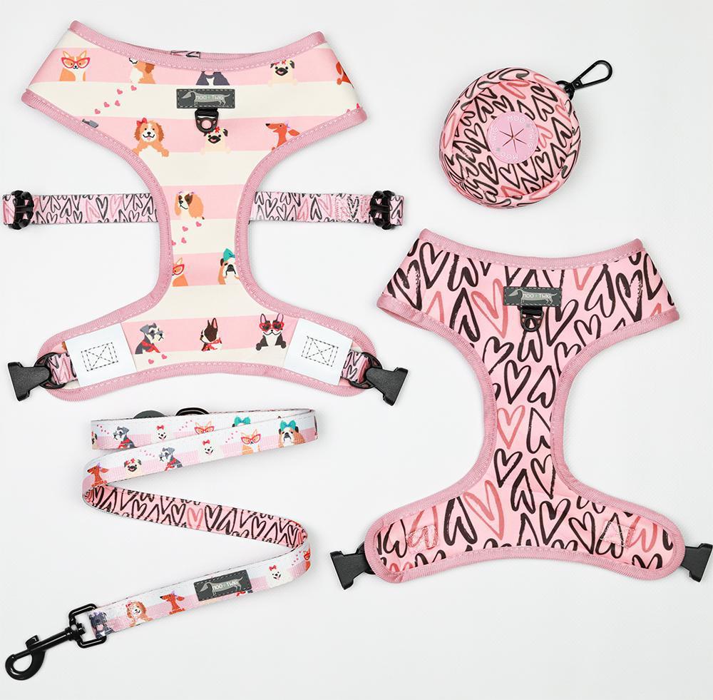 Pink Striped Dog Harness with Girl Dogs and Hearts All over. Cute Heart Dog Harness designed in Australia for puppies and small to medium sized dogs.