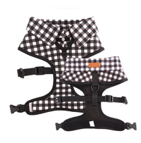 Dog wearing Dog Harness Shirt with Gingham Print and Bow Tie.Work and wedding outfit for dogs. Designed in Australia.