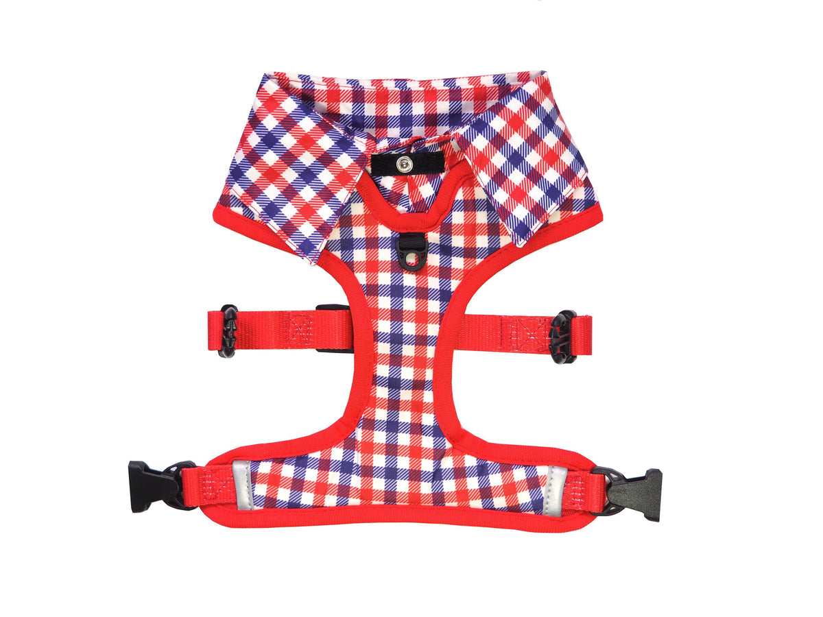 Checkered Blue Red White Shirt Dog Harness with Fire Hydrant Bow Tie Designed in Australia. Work and wedding outfit for dogs.