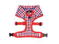 Checkered Blue Red White Shirt Dog Harness with Fire Hydrant Bow Tie Designed in Australia. Work and wedding outfit for dogs.