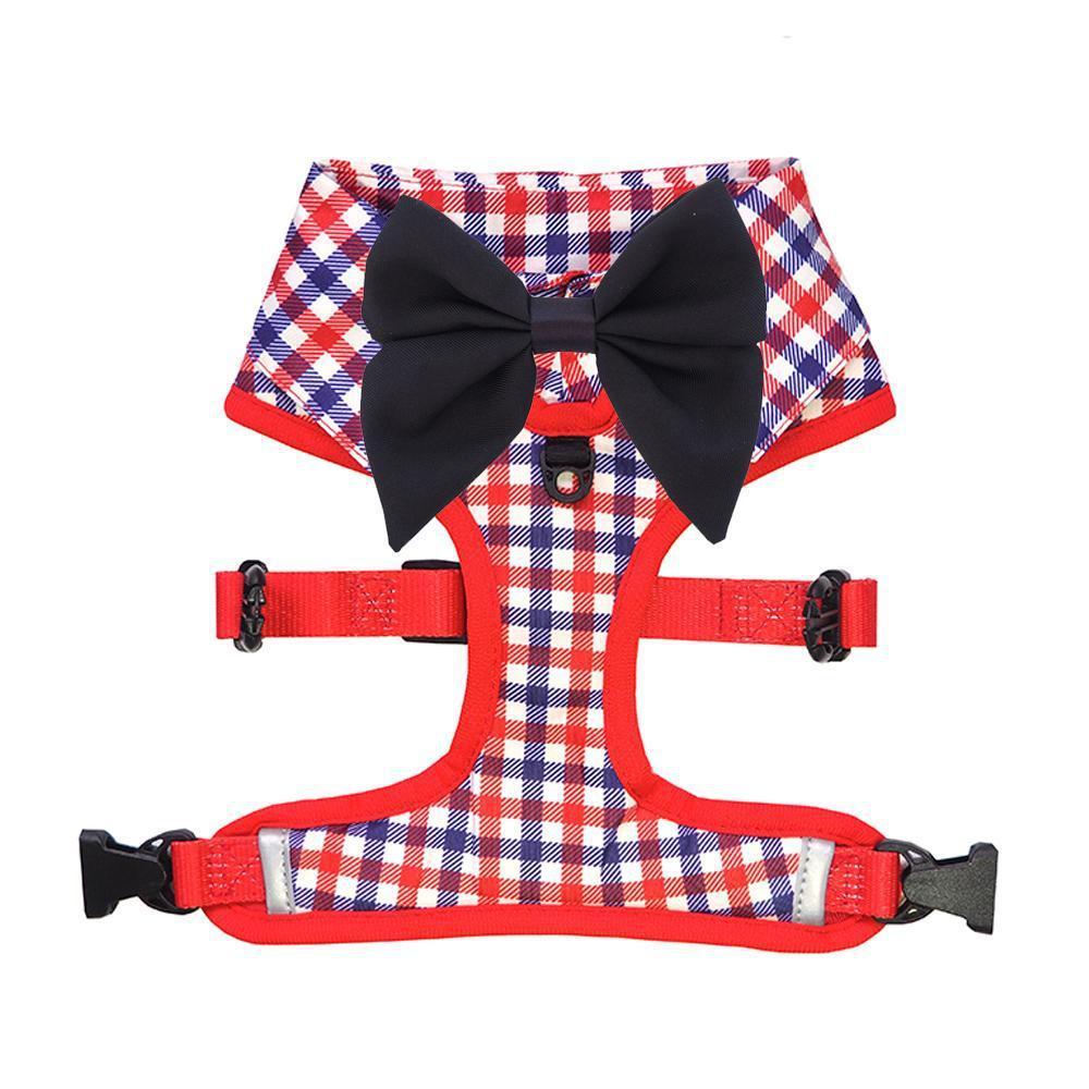 Checkered Blue Red White Shirt Dog Harness with Fire Hydrant Bow Tie Designed in Australia