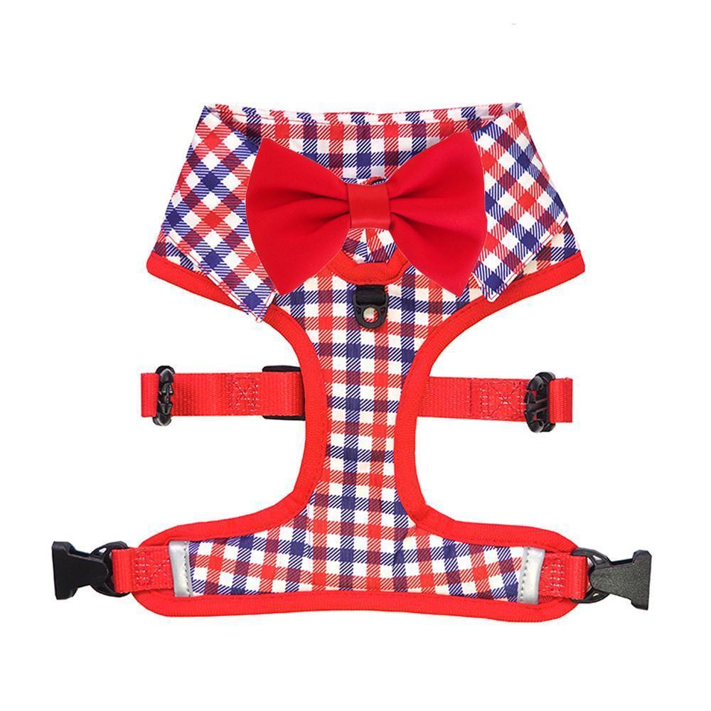 Checkered Blue Red White Shirt Dog Harness with Bow Tie Designed in Australia. Work and wedding outfit for dogs.