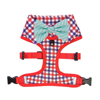 Checkered Blue Red White Shirt Dog Harness with Bow Tie Designed in Australia. Work and wedding outfit for dogs.