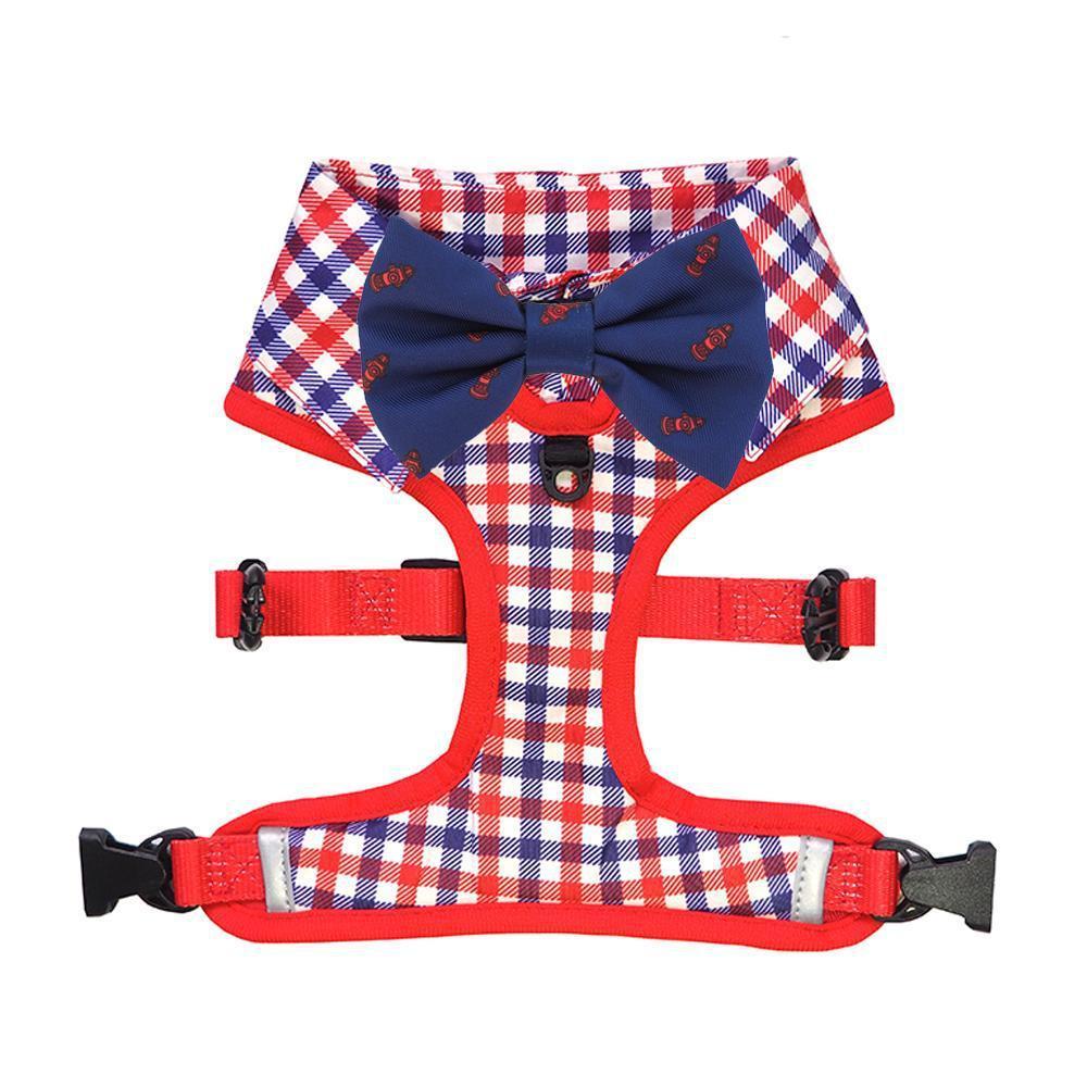 Checkered Blue Red White Shirt Dog Harness with Fire Hydrant Bow Tie Designed in Australia. Work Wedding outfit for Dogs.