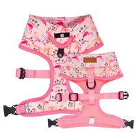 Pink Party shirt Dog Harness with flamingo print and bow tie. Dog party shirt outfit. Summer dog harness designed in Australia.