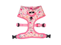Pink Party shirt Dog Harness with flamingo print and bow tie. Dog party shirt outfit. Summer dog harness designed in Australia.
