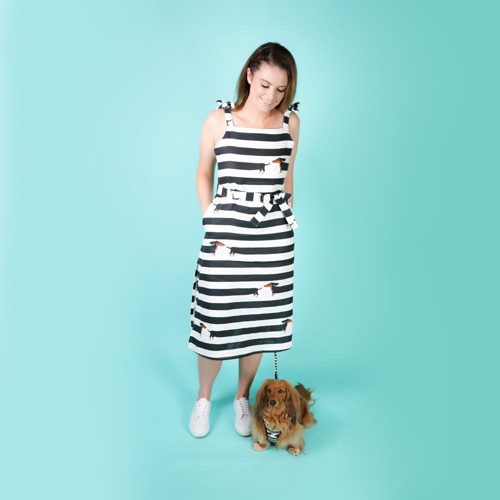 Linen Midi Dress with Dachshund Print - Linen Tie Up Midi Dress with Pockets - Dachshund Dress - Striped Summer Linen Midi Dress