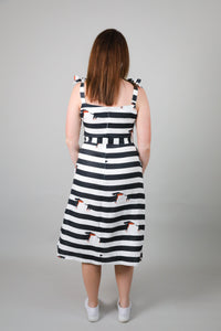 Linen Midi Dress with Dachshund Print - Linen Tie Up Midi Dress with Pockets - Dachshund Dress - Striped Summer Linen Midi Dress