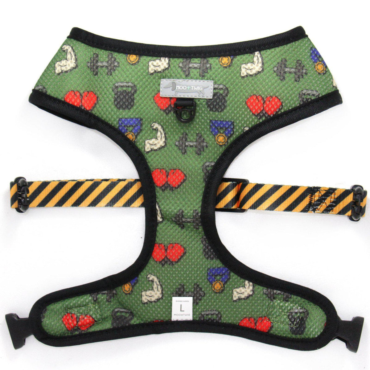 Reversible Dog Harness with signs, gym junkie, warnings, barbells, barbed wire. Funny dog harness. 