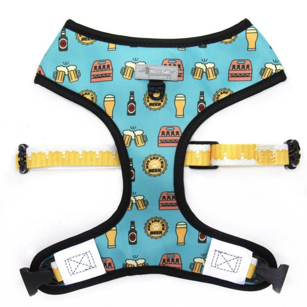 Blue Reversible Dog Harness Designed in Australia featuring beer and video games. Geek Dog Harness. Boy Dog Harness