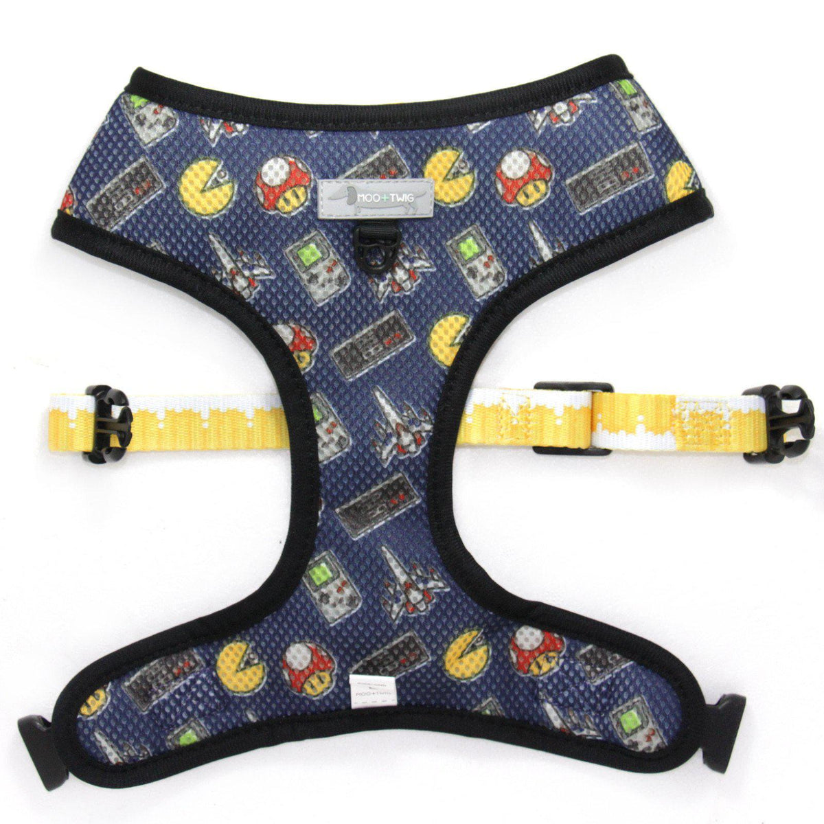 Blue Reversible Dog Harness Designed in Australia featuring beer and video games. Geek Dog Harness. Boy Dog Harness