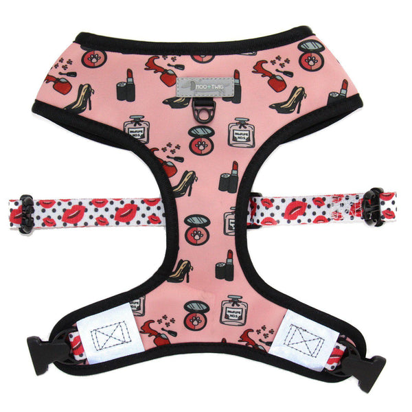 Pink Dog Harness designed in Australia featuring make up, shoes, perfume and kisses. Girly dog harness. Fashion dog harness. 