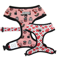 Pink Dog Harness designed in Australia featuring make up, shoes, perfume and kisses. Girly dog harness. Fashion dog harness. 