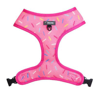 Pink dog harness with ice cream and donut sprinkles designed in Australia.