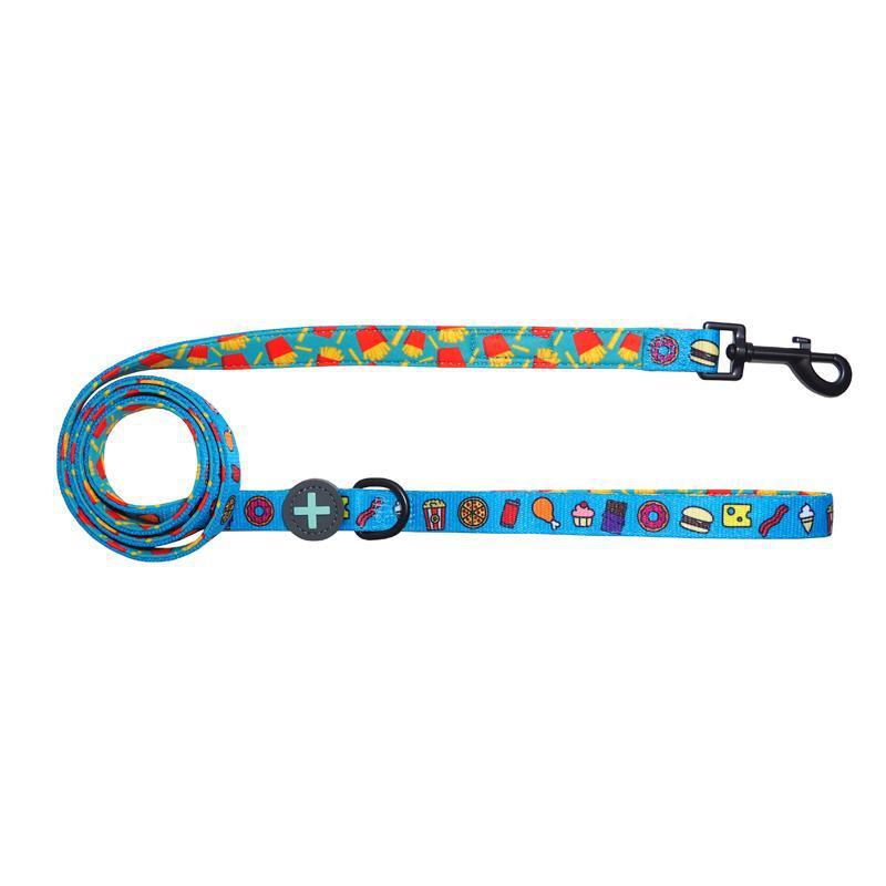 Blue Neoprene Comfort Dog Leash with junk food and french fries.